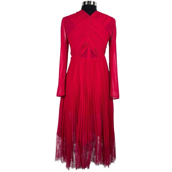 SELF PORTRAIT DARK RED CROSS FRONT LONG SLEEVE PLEATED SKIRT LACE MIDI DRESS - Picture 6 of 15